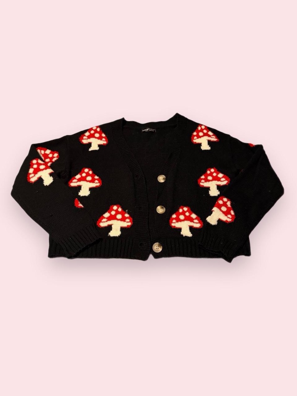 SHEIN Black Cardigan with Red & White Mushroom Motif
